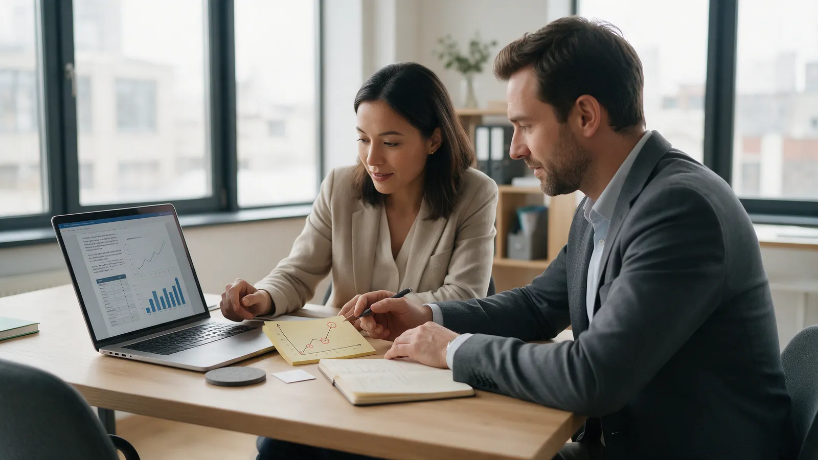 Consultora e empresário a analisar notas e gráficos num portátil à mesa de um escritório