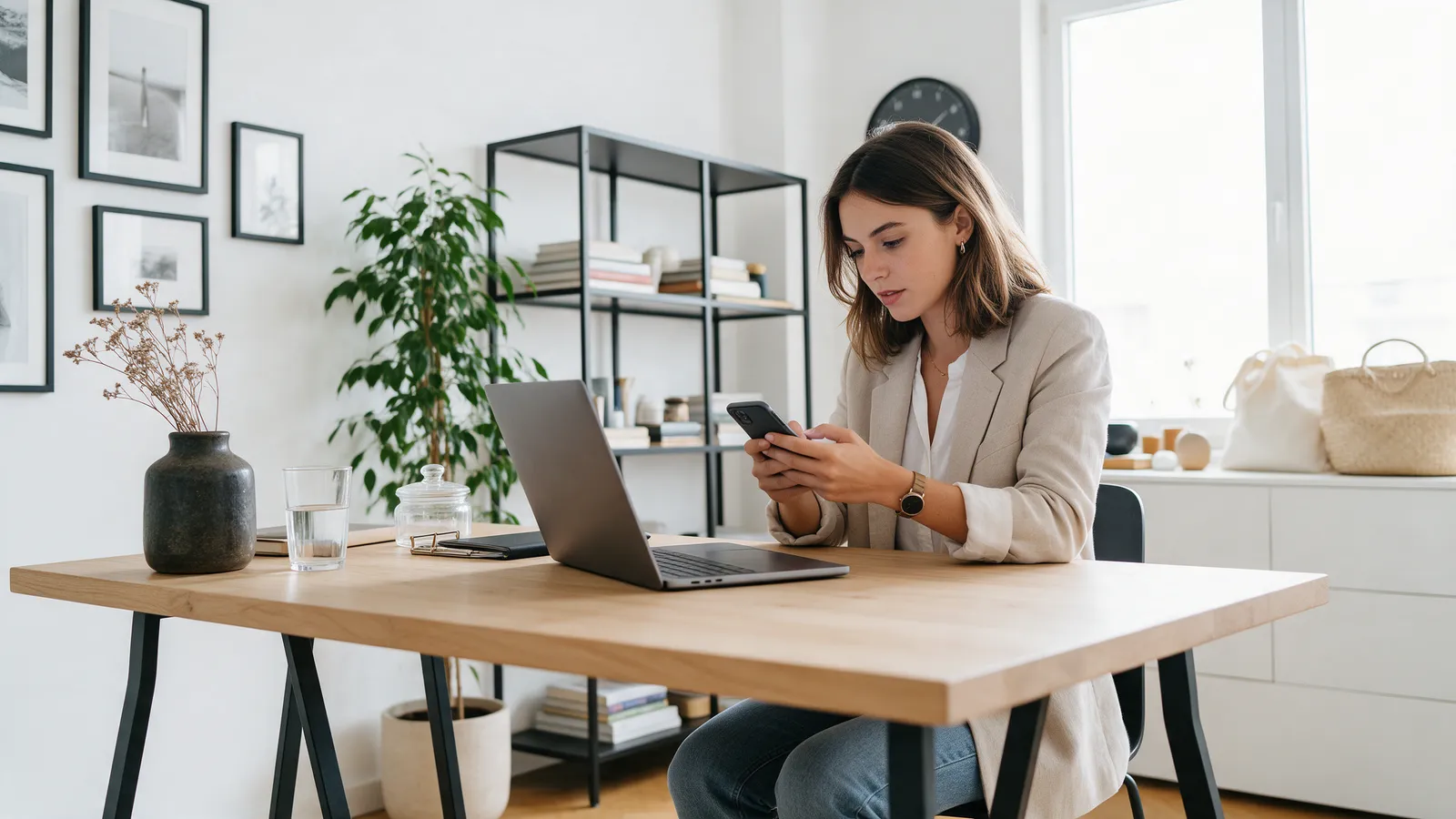 Empresária a responder a mensagens no telemóvel, com um portátil aberto e um relógio de parede ao fundo